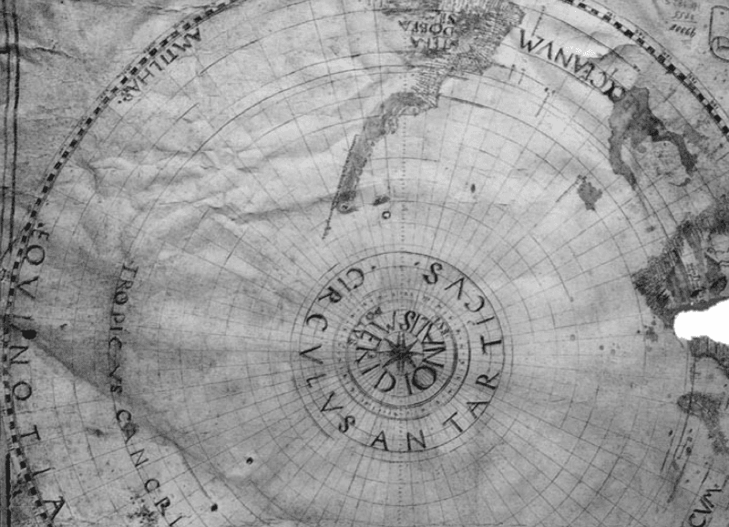 Reinel dibuja el archipiélago de Malvinas con centro en el Polo Sur (Fuente: “Malvinas en Imágenes”).