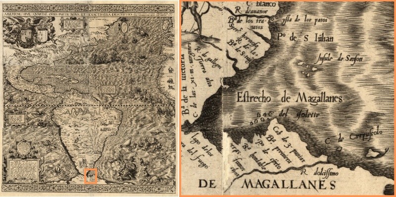 La pintura de Diego Gutiérrez y el detalle de Malvinas en 1562 (Fuente: “Malvinas en Imágenes”).