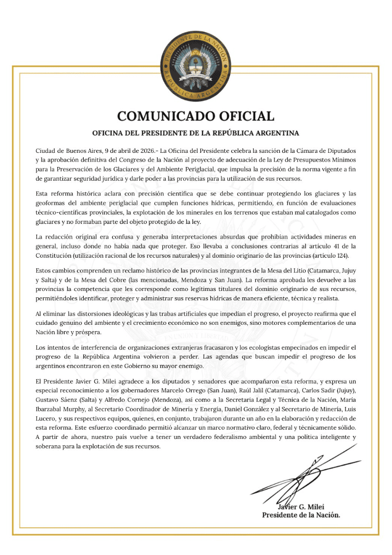 &nbsp;Comunicado de la Oficina de la Presidencia sobre la aprobación de la Ley de Glaciares.