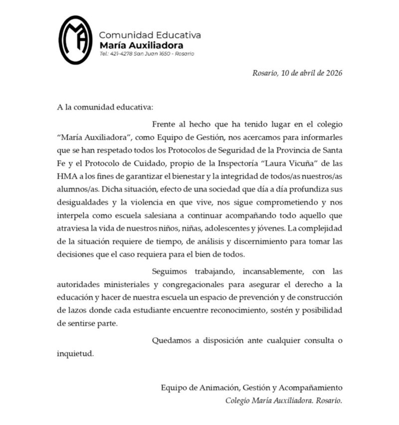 El comunicado difundido este viernes a la tarde por las autoridades de la escuela María Auxiliadora. (Instagram)