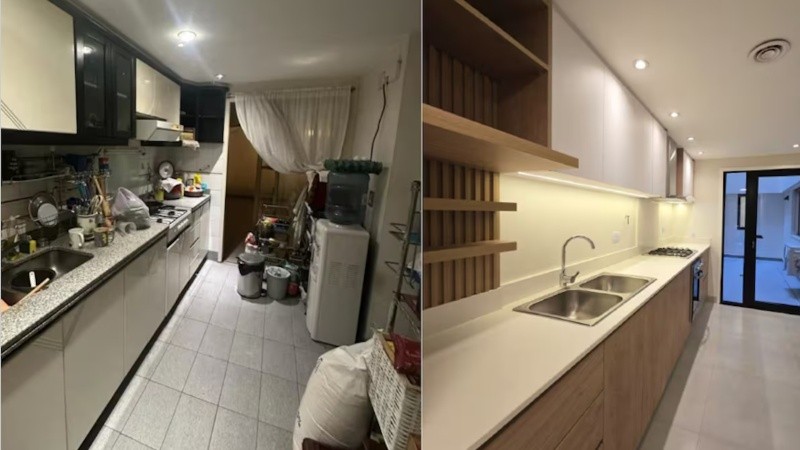La cocina del departamento de Miró al 500, antes y después de las obras previas a que lo compre Adorni.