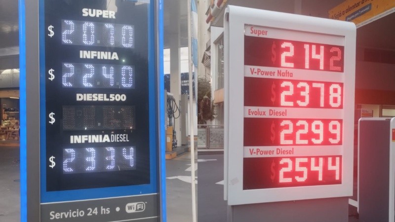 Las pizarras de YPF y Shell este miércoles en Rosario.