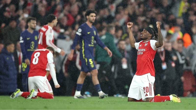 LONDON (United Kingdom), 05/05/2026.- Noni Madueke of Arsenal celebrates after the UEFA Champions League semi-finals 2nd leg match Arsenal FC against Atletico de Madrid, in London, Britain, 05 May 2026. Arsenal won 1-0. (Liga de Campeones, Reino Unido, Londres) EFE/EPA/NEIL HALL