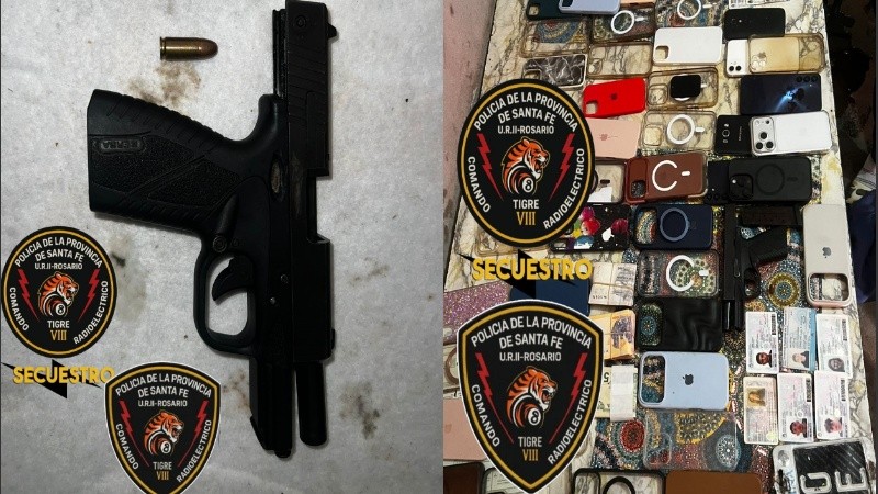 Arma y celulares secuestrados en la casa allanada.