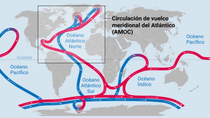 En el centro, desde la Antártida hasta el Atlántico Norte, la circulación de la AMOC. (La Vanguardia)&nbsp;