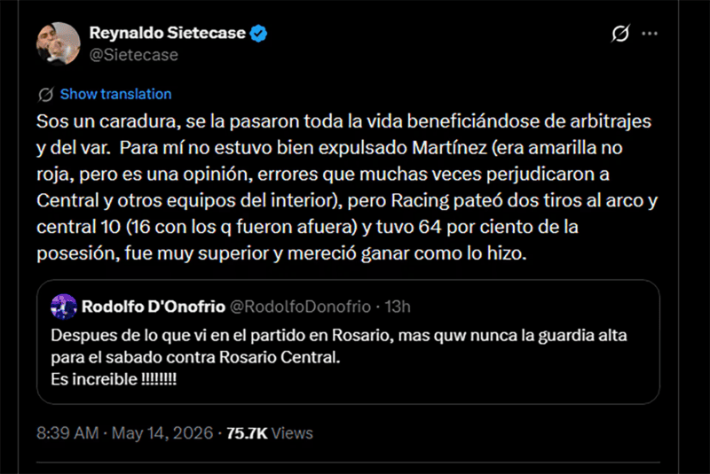 La respuesta de Sietecase a D’Onofrio&nbsp;en X.