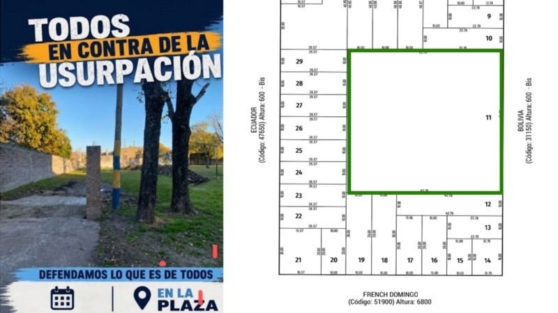 La protesta y el plano de la manzana con el lote disputado en verde.