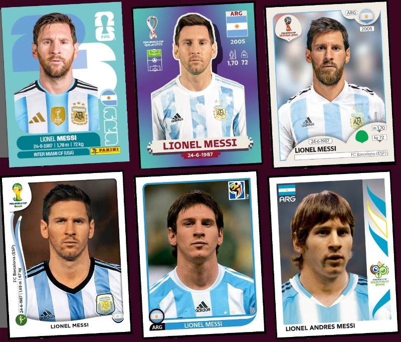 &nbsp;Las figuritas oficiales de Leo a lo largo de sus seis mundiales. (FIFA/Panini/Rosario3)