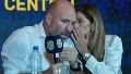 Belloso y Cristinziano en la conferencia de ratificación de Almirón (Alan Monzón/Rosario3)