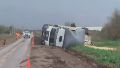 El camión quedó volcado sobre el camino con su carga desparramada.