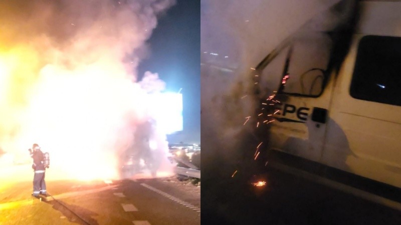 El furgón marca Peugeot se incendió mientras circulaba por avenida Circunvalación. (Foto: Bomberos Zapadores)