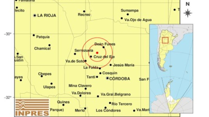 El movimiento ocurrió a la 1.34 de la madrugada de este miércoles, a 30 kilómetros al suroeste de Deán Funes, 55 kilómetros al norte de La Falda y 77 kilómetros al este de Serrezuela.