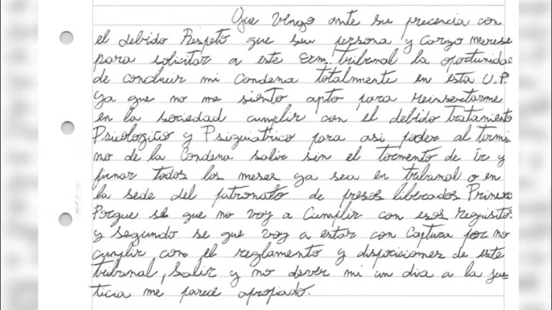 Fragmento de la carta que Augusto Pacicco presentó ante el TOF N° 3 de Córdoba para que no le concedan la libertad.
