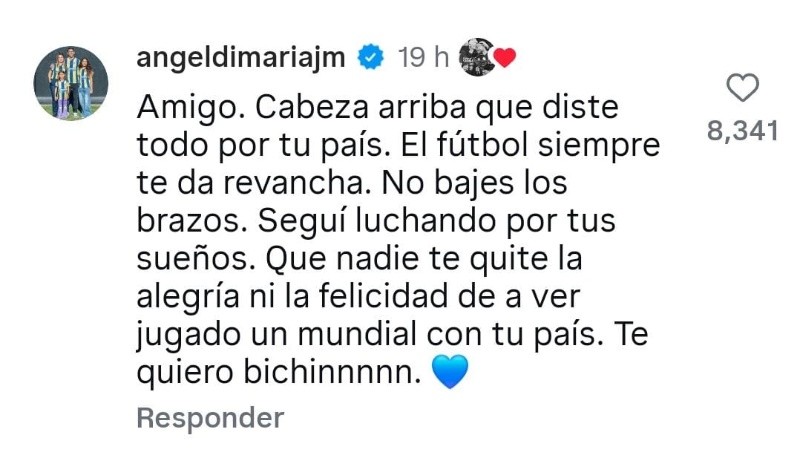 El mensaje de Di María en la publicación de Campaz.&nbsp;