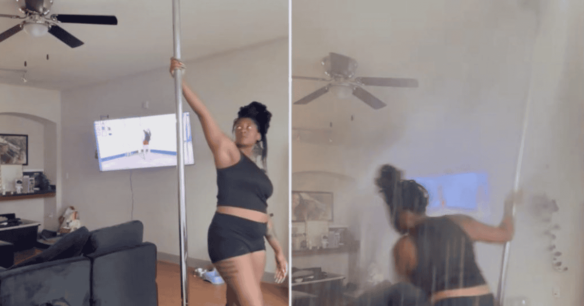 Video: Practicaba pole dance en su departamento, la barra se desprendió y activó el sistema antiincendios