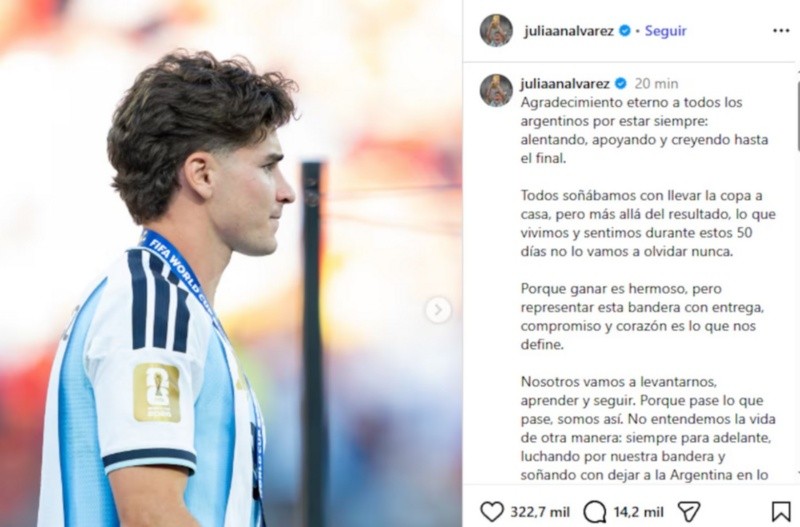 &nbsp;El mensaje que Julián Álvarez compartió en sus redes sociales.