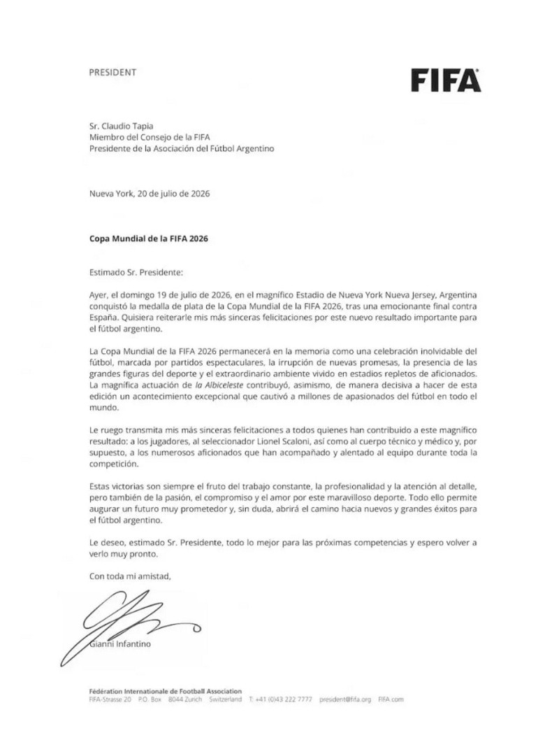 La carta finaliza con un saludo personal para Tapia.&nbsp;