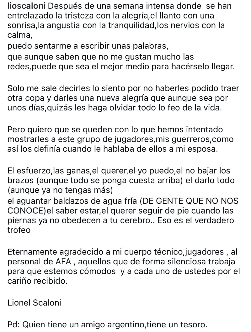 &nbsp;El posteo de Scaloni en Instagram.