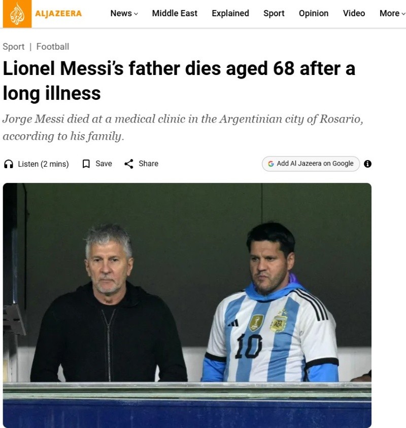 Al Jazzera recuperó una foto Jorge Messi en la Bombonera en 2024.