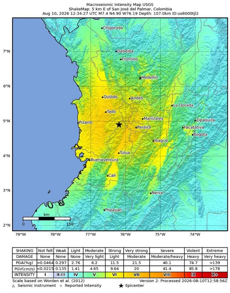 Un mapa sísmico distribuido por el Servicio Geológico de Estados Unidos (USGS) muestra la ubicación del terremoto de magnitud 7.4 que sacudió el oeste de Colombia. (Foto: EFE)