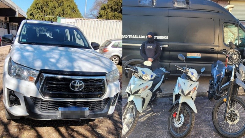 La Hilux y las motos de Marilú incautadas en agosto de 2025.