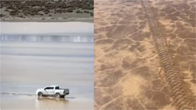 Una camioneta deja huellas en la superficie de la Pampa de Leoncito, San Juan. (Foto: Diario Los Andes)&nbsp;
