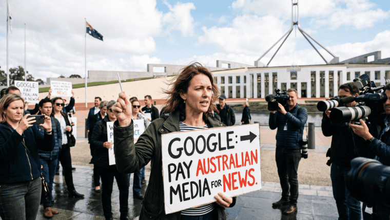 Imagen creada con Inteligencia Artificial. Gigantes tecnológicos bajo presión: Australia aprueba impuesto para compensar a los medios de comunicación
