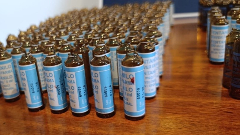 Las 243 ampollas del opiode incautadas en la casa de un médico, en Wheelwright.