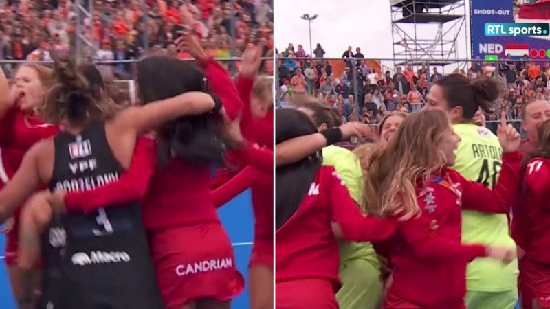 Jugadoras de Bélgica se sumaron a los festejos de Las Leonas tras consagrarse campeonas ante Países Bajos.