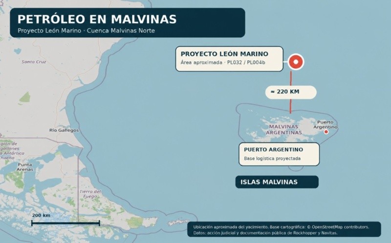&nbsp;Mapa del proyecto para extraer petróleo de la Cuenca Malvinas Norte. (Asociación Argentina de Abogados/as Ambientalistas)