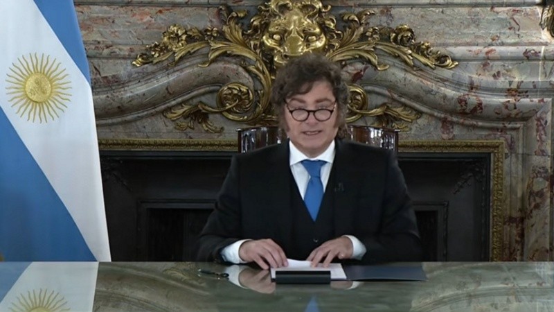 Milei durante la cadena nacional.