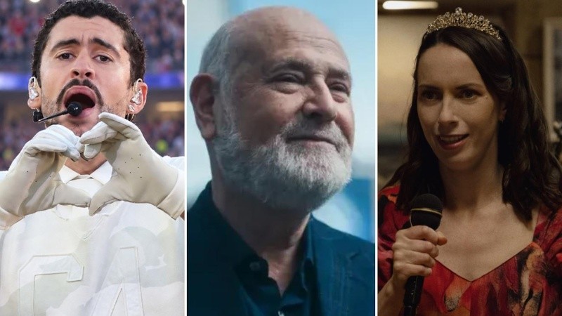 El cantante Bud Bunny, el actor y director Rob Reiner y la actriz Kate O'Flynn.