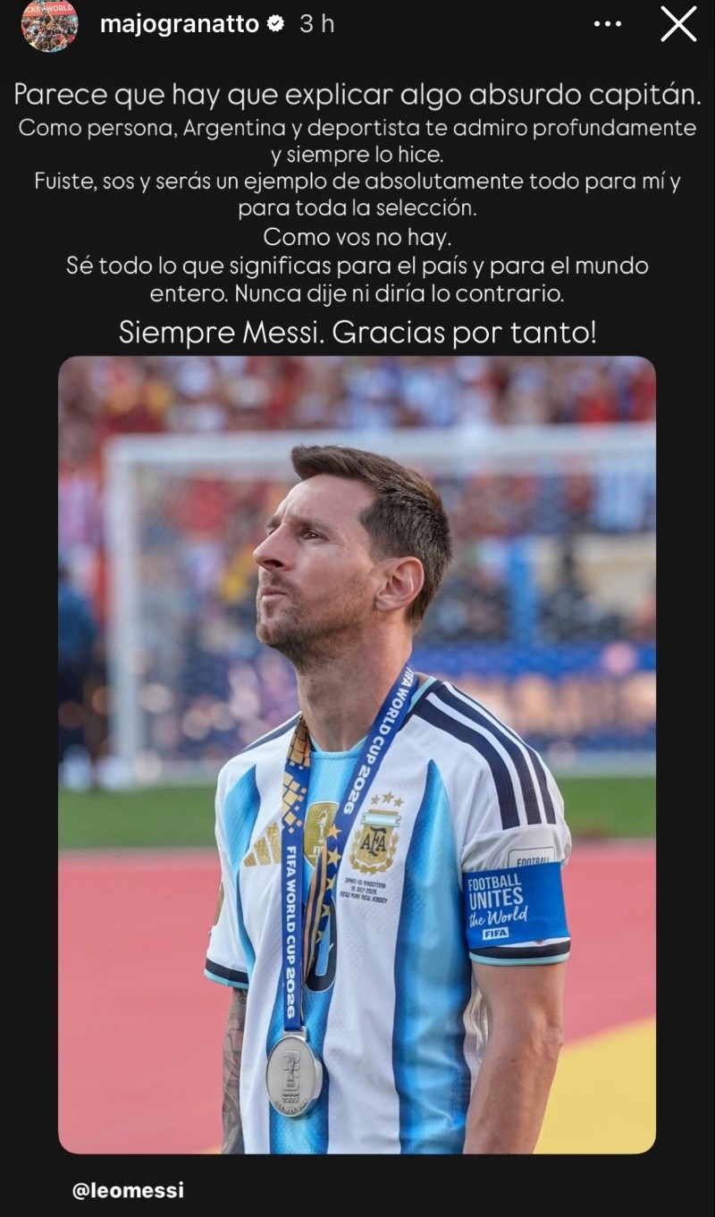 El respaldo de Majo Granatto a Leo Messi en su perfil de Instagram.