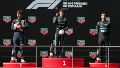 El podio de GP de España con Antonelli (1), Verstappen (2) y Norris (3). (X/@F1)