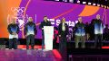 Scaglia junto a Pullaro y ex combatientes de Malvinas, en la inauguración de los Juegos Suramericanos.