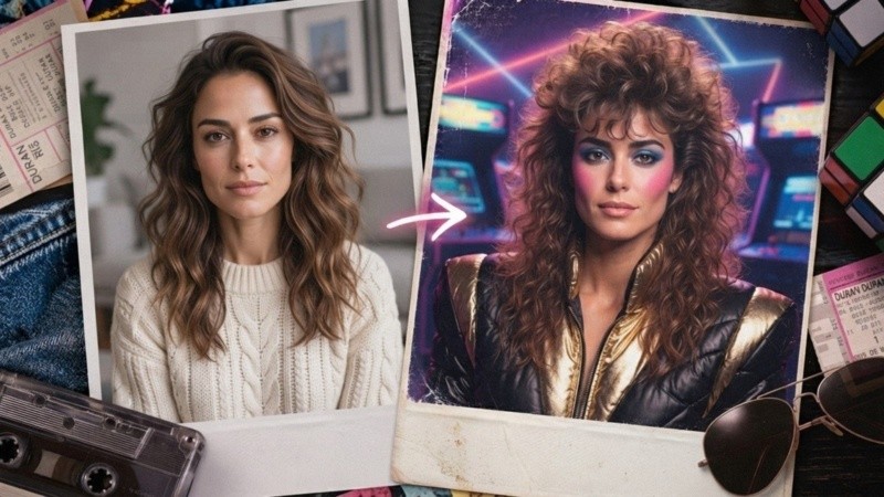 La inteligencia artificial convirtió las selfies en retratos retro con flequillos, volumen y jeans ochentosos.