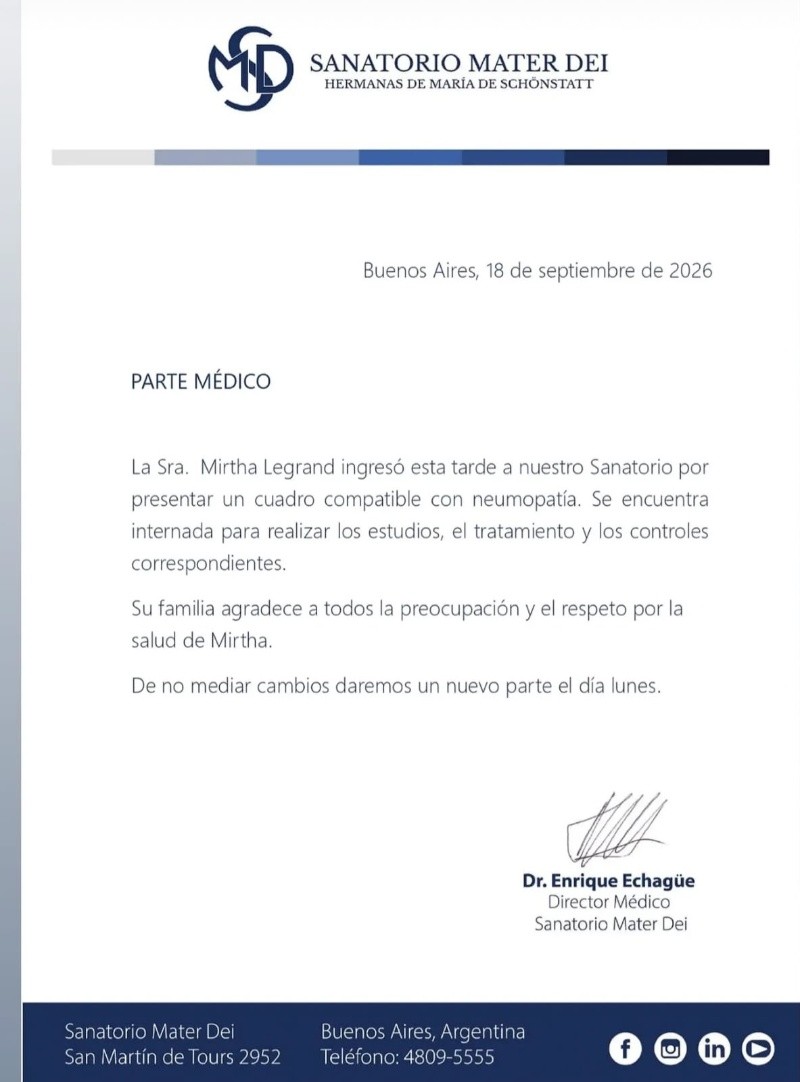El comunicado oficial del Mater Dei por la salud de Mirtha Legrand 