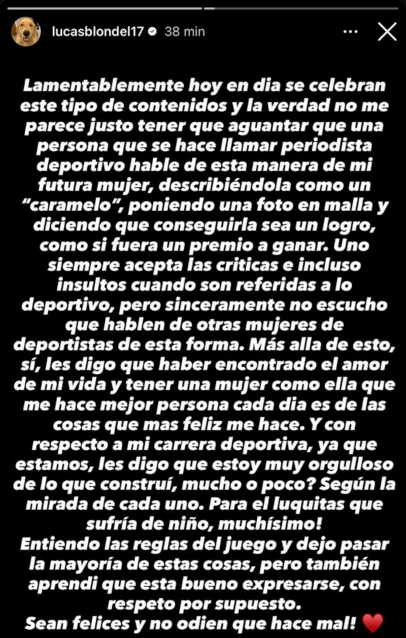 El texto que publicó Blondel en su cuenta de Instagram.&nbsp;