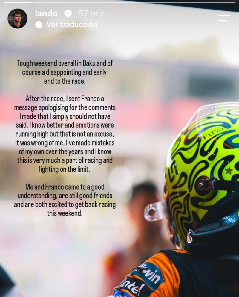 El mensaje que compartió Lando Norris en sus redes sociales.