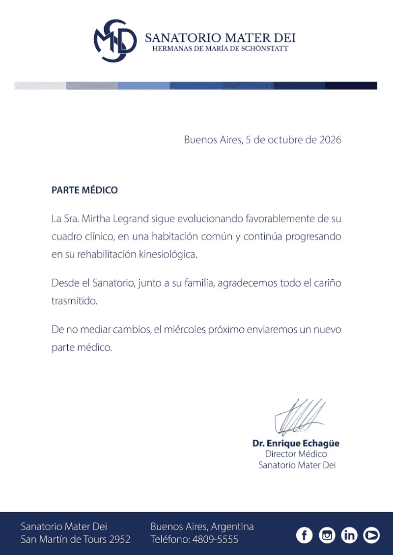 El parte médico que difundio el Mater Dei este lunes.&nbsp;