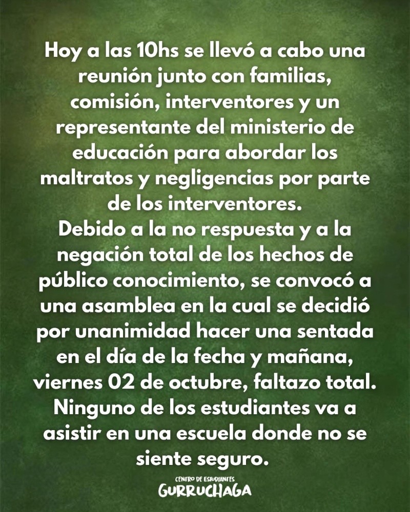 Uno de los comunicados que difundieron sobre el Centro de Estudiantes.
