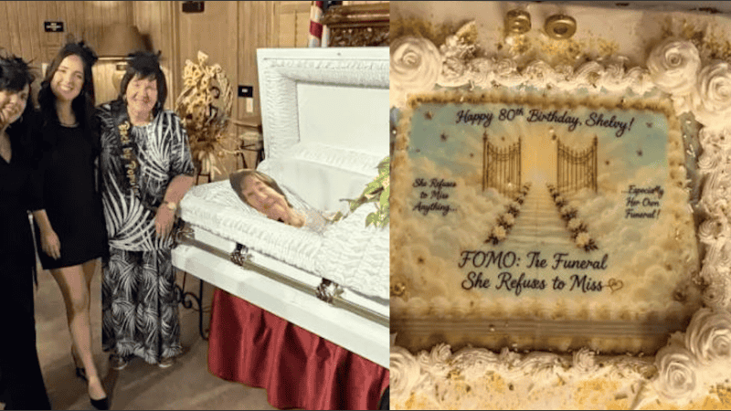 La mujer de 80 años que celebró su funeral en vida con 100 invitados y un doble de cartón en el ataúd.
