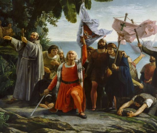 La obra "Primer desembarco de Cristóbal Colón en América", pintada por Dióscoro Teófilo Puebla y Tolín en 1862.