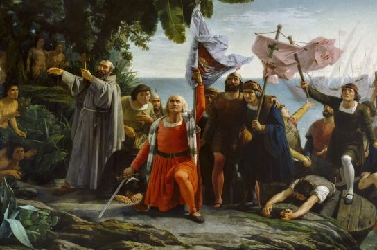 La obra "Primer desembarco de Cristóbal Colón en América", pintada por Dióscoro Teófilo Puebla y Tolín en 1862.