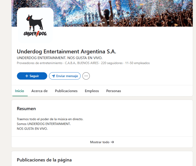 Una captura del perfil de la productora Underdog en LinkedIn.&nbsp;