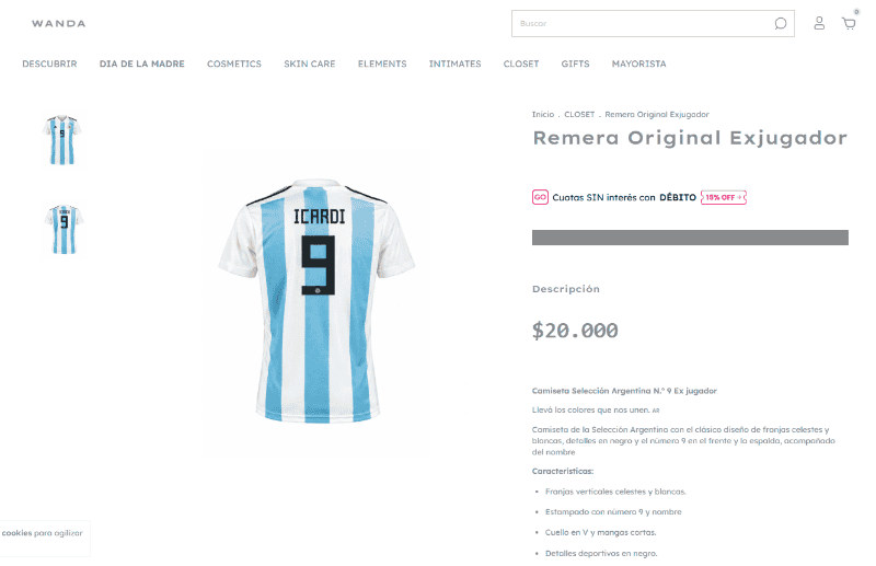 La publicación de la camiseta en la web de Wanda.&nbsp;
