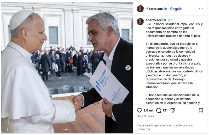 &nbsp;El posteo del rector de la UNR tras su encuentro con el papa León XIV.