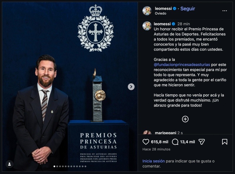 &nbsp;La publicación de Messi en su cuenta de Instagram.