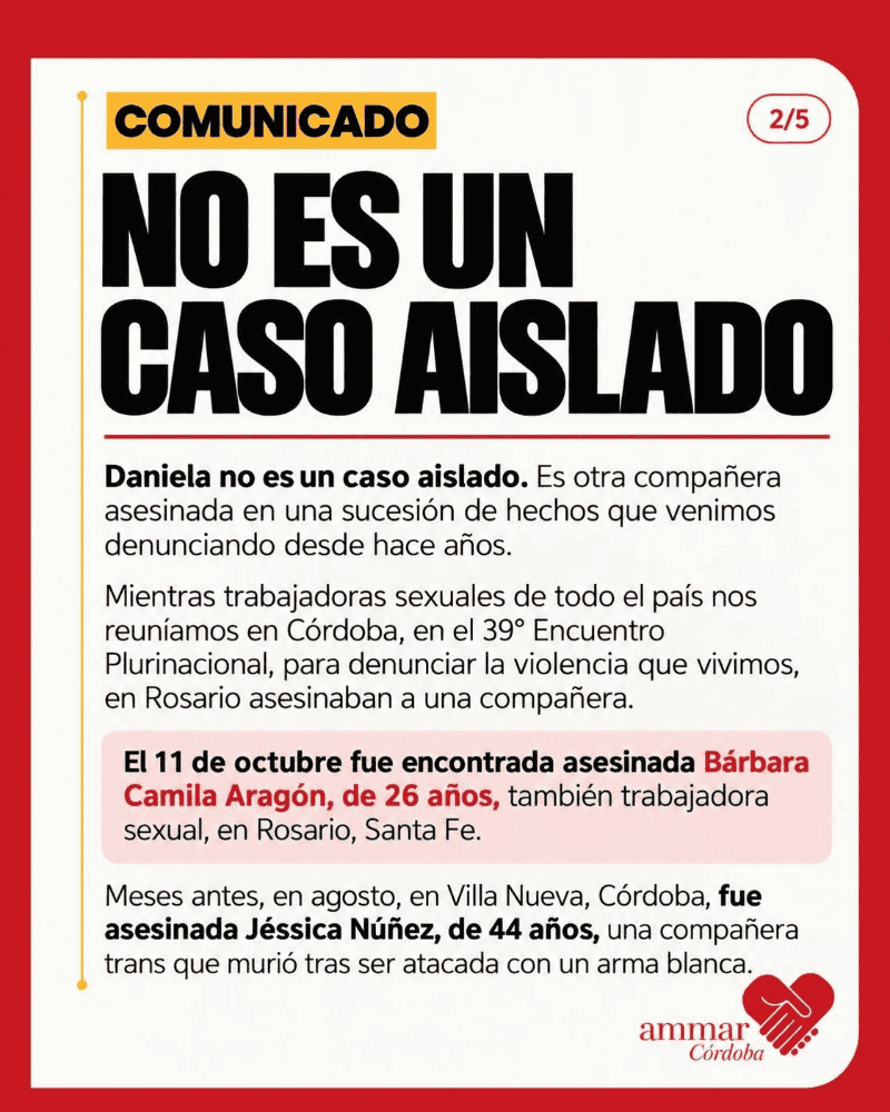 &nbsp;Sindicato de Mujeres Trabajadoras Sexuales Autónomas de Córdoba se pronunció en sus redes. Foto: Ammar Córdoba.