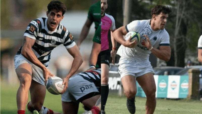 Alejo Sugasti y Benjamín Ordiz, con las camisetas de sus clubes, Jockey Club y Los Caranchos.